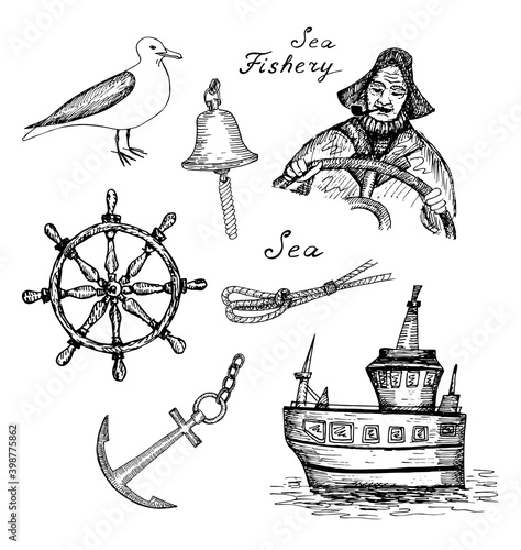 North cod fishery. Hand drawn black realistic outline vector illustration.