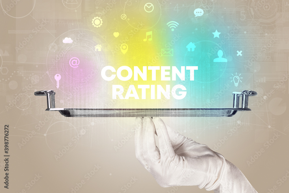 Waiter serving social networking with CONTENT RATING inscription, new media concept Waiter serving social networking with CONTENT RATING inscription, new media concept