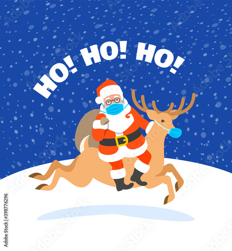 Santa Claus in medical mask riding Christmas deer and holding a bag with presents. Cartoon vector illustration. Coronavirus prevention. Snowy Christmas Eve night. Funny Christmas greeting card