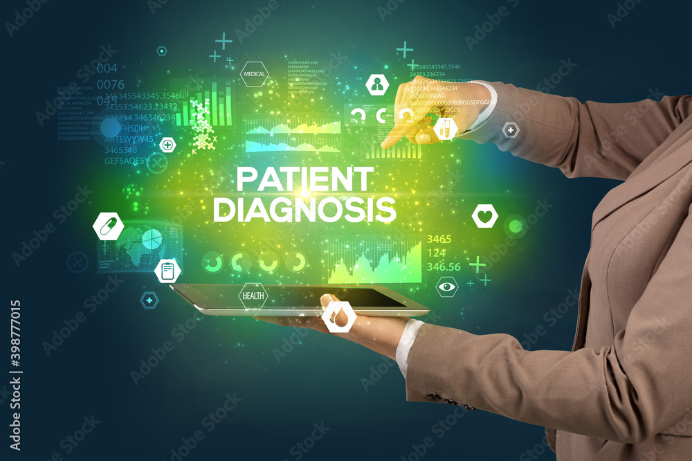Close-up of a touchscreen with PATIENT DIAGNOSIS inscription, medical concept Close-up of a touchscreen with PATIENT DIAGNOSIS inscription, medical concept