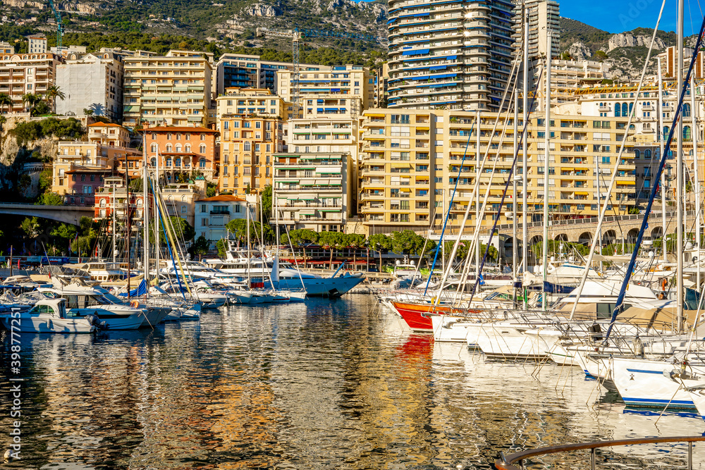 Monte-Carlo, Monaco 29.11.2020 Main marina of Monte Carlo with luxury yachts and sail boats. Hight quality photo