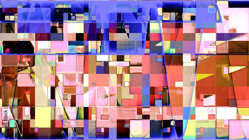 Rendu d'un travail numérique, composition géométrique abstraite, rythmée par les couleurs. Rendu d'un travail numérique, composition géométrique abstraite, rythmée par les couleurs.