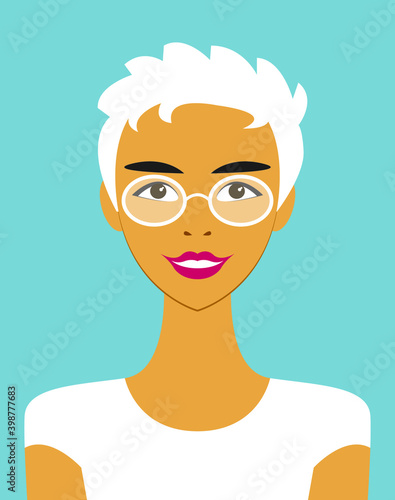 Vector portrait of a cute smiling girl with glasses with short white hair in a t-shirt close-up isolated