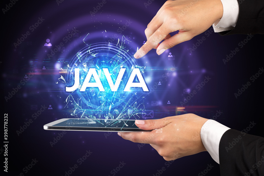 Close-up of a touchscreen with JAVA abbreviation, modern technology concept Close-up of a touchscreen with JAVA abbreviation, modern technology concept