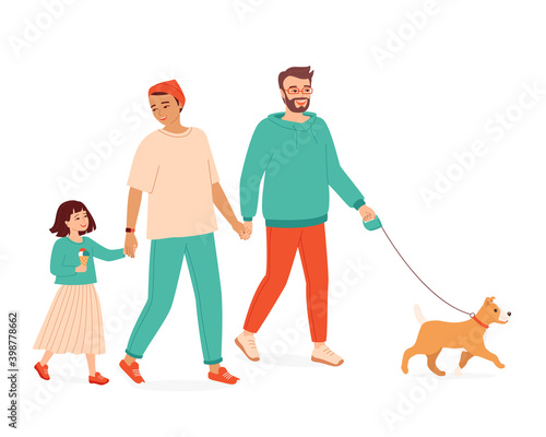Homosexual male parents with a child and a dog walk holding hands. Happy multiracial gay  family with a daughter spends time together. Transgender, genderqueer couple. Isolated vector illustration 