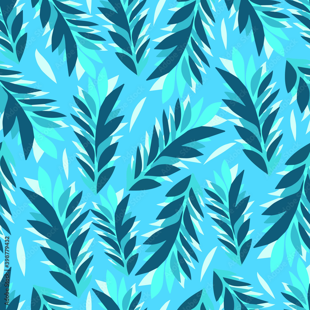 Fototapeta premium Vector pattern with blue branches on a blue background.