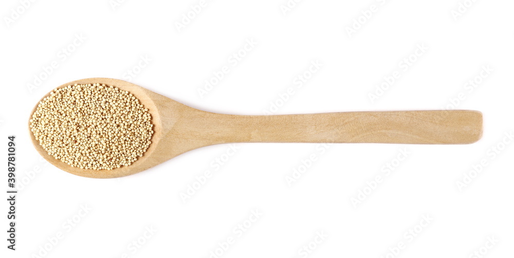 Amaranth seeds in wooden spoon isolated on white background, top view Amaranth seeds in wooden spoon isolated on white background, top view