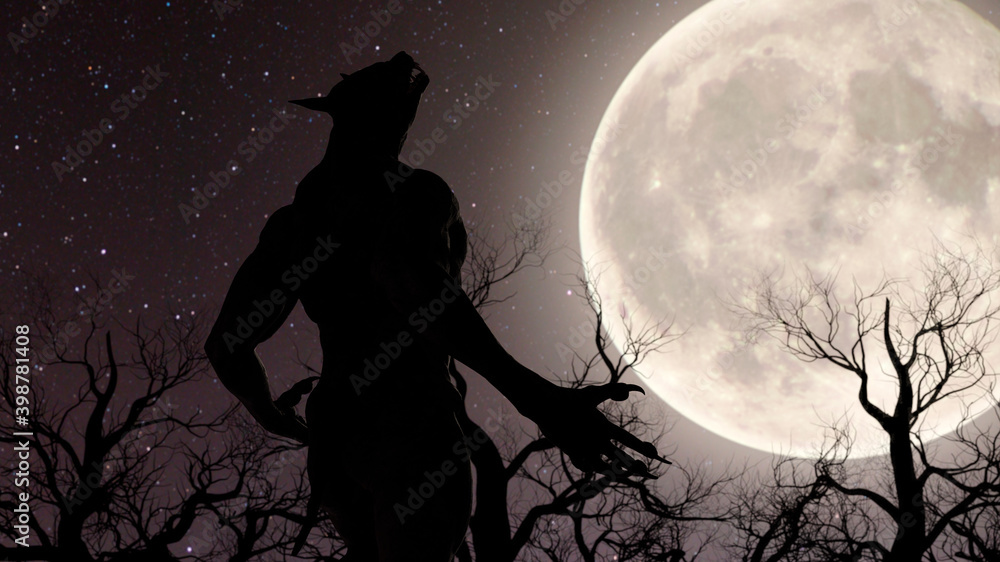 Illustration of a werewolf during the full moon in the creepy forest ...