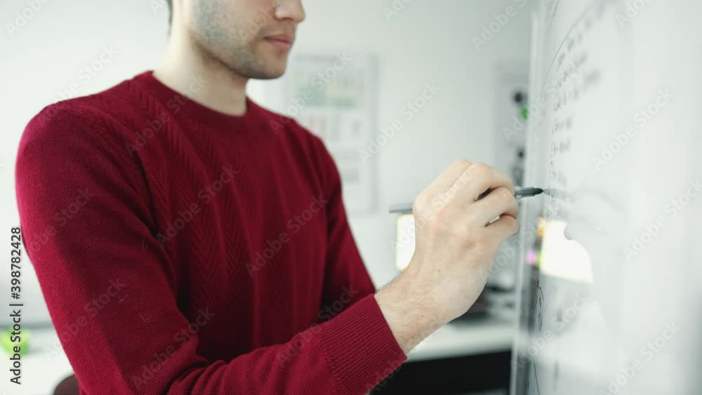 A businessman is looking at whiteboard in creative office and analyzing statistics. Concept of tasks solving and education. Writing a business plan. A businessman is looking at whiteboard in creative office and analyzing statistics. Concept of tasks solving and education. Writing a business plan.