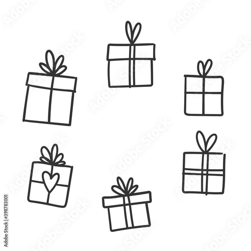 Hand drawn gifts collection. Present box with ribbons. Doodle illustrations. Christmas gift symbols.