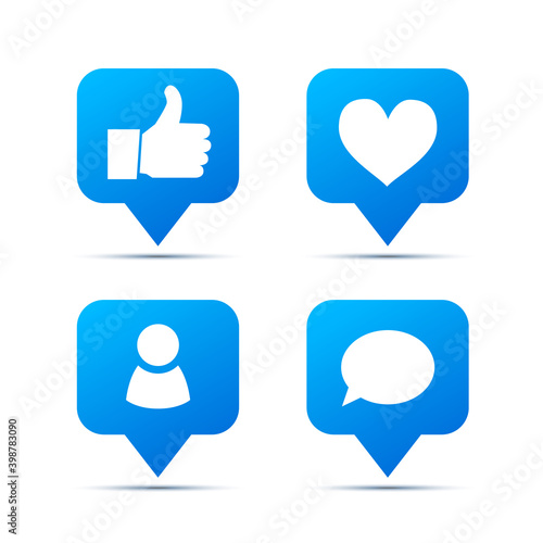 Set of bright blue trendy icons for social network. Likes, friends and comments piktogram on white