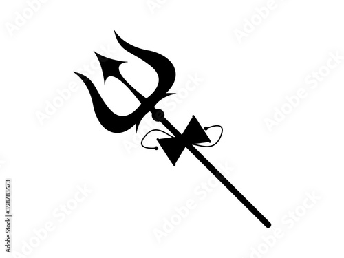 Shivas trident with damru icon. Black weapon of hindu god Mahadev with vector damaru drum attached to handle.