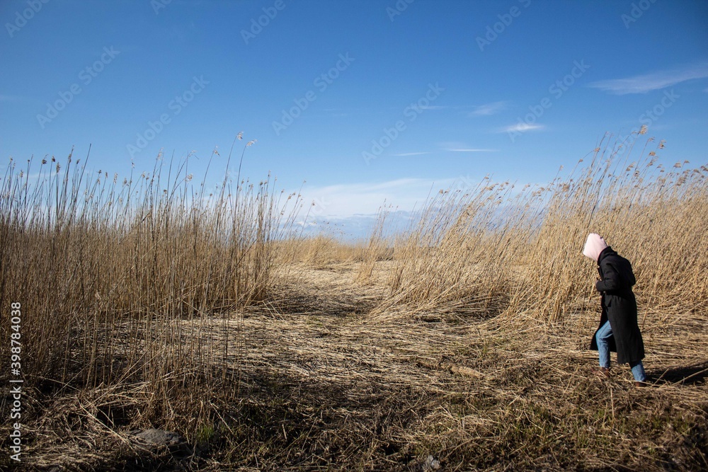 person walking in the reeds