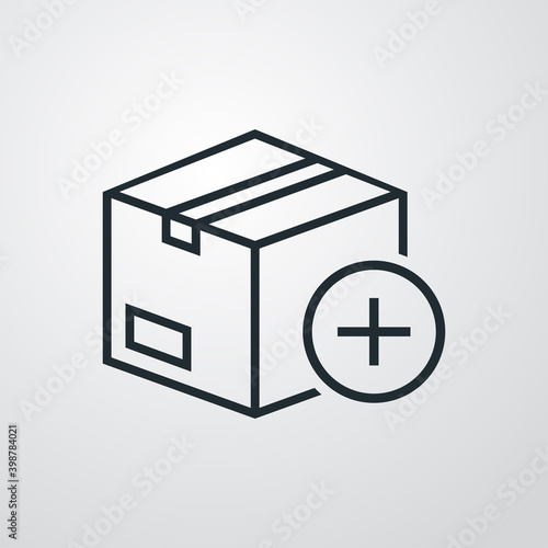 Nuevo envio. Logotipo caja de cartón con símbolo plus en círculo con lineas en fondo gris