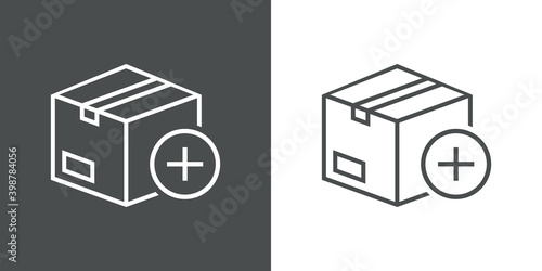 Nuevo envio. Logotipo caja de cartón con símbolo plus en círculo con lineas en fondo gris y fondo blanco
