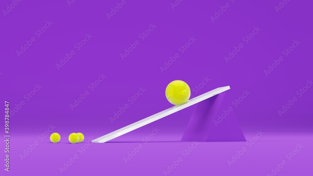 Rolling Big Yellow Ball in Sloping Board to the Small Ball. 3D rendering Illustration in Purple Background Rolling Big Yellow Ball in Sloping Board to the Small Ball. 3D rendering Illustration in Purple Background