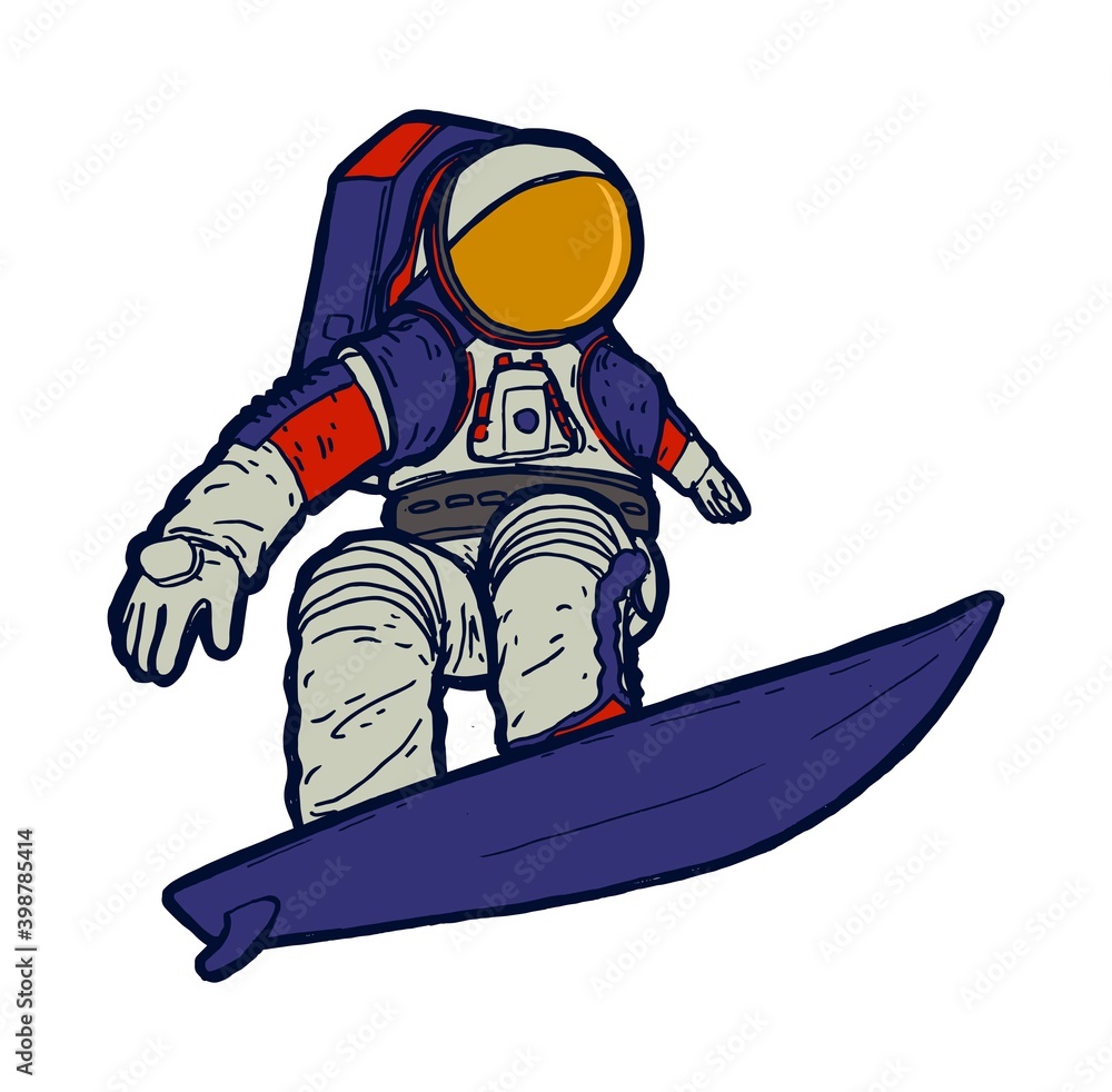 Astronaut in new space suit surfing. Space surfer isolated vector illustration.