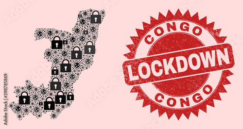 Vector Viral lockdown collage Republic of the Congo map and unclean stamp. Lockdown red stamp uses sharp rosette shape. Collage Republic of the Congo map is created from covid- 2019 virus,