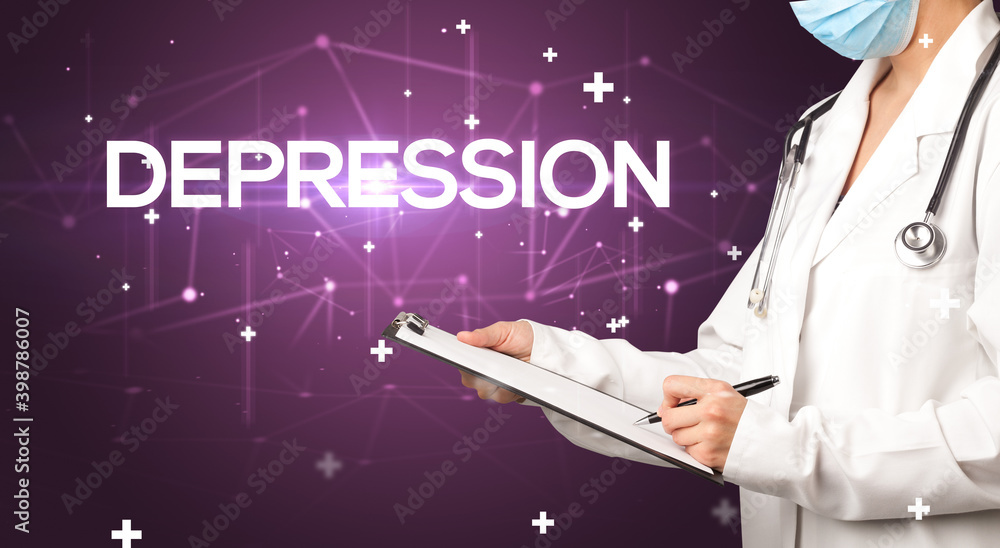 Doctor fills out medical record with DEPRESSION inscription, medical concept Doctor fills out medical record with DEPRESSION inscription, medical concept