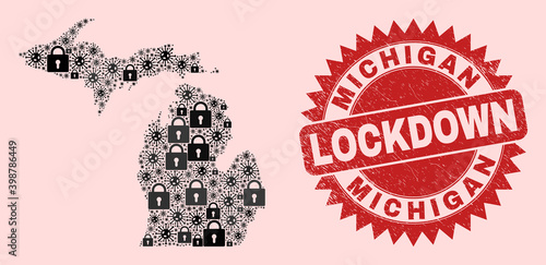Vector coronavirus lockdown collage Michigan State map and unclean stamp seal. Lockdown red stamp seal uses sharp rosette shape. Mosaic Michigan State map is constructed of SARS virus,
