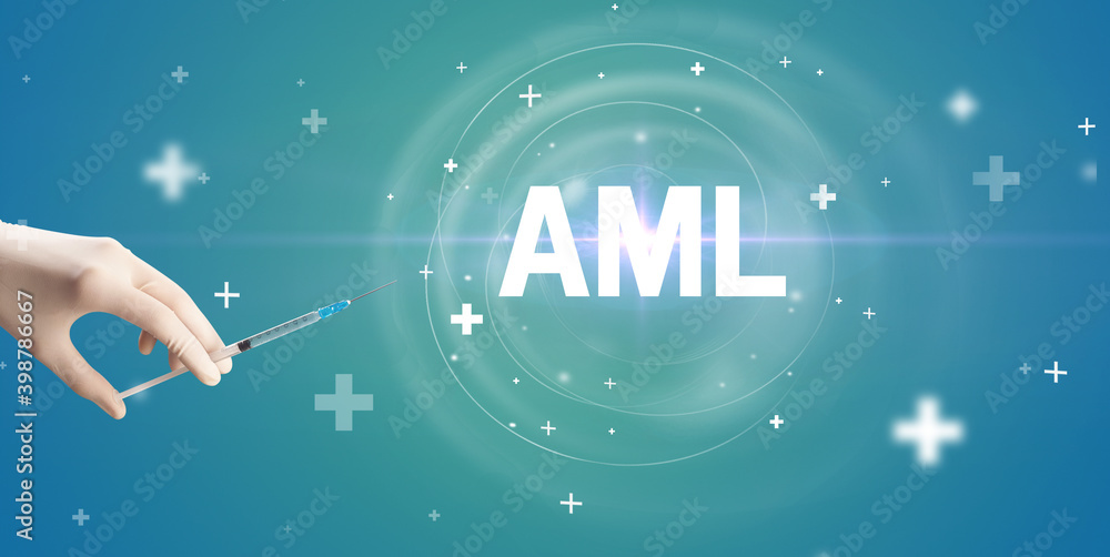 Syringe needle with virus vaccine and AML abbreviation, antidote concept