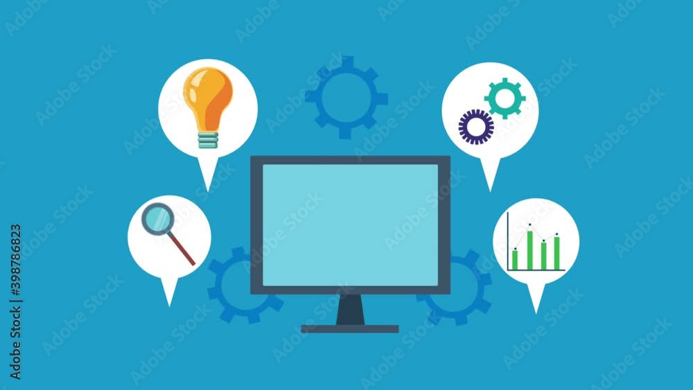 desktop computer with business set icons desktop computer with business set icons