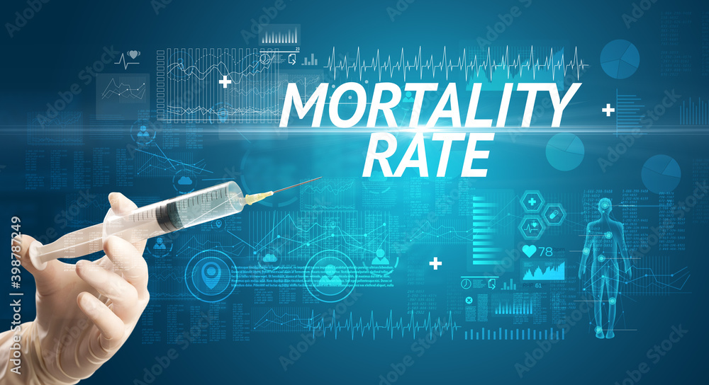Syringe needle with virus vaccine and MORTALITY RATE inscription, antidote concept Syringe needle with virus vaccine and MORTALITY RATE inscription, antidote concept