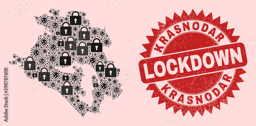 Vector Covid lockdown collage Krasnodarskiy Kray map and dirty stamp imitation. Lockdown red stamp uses sharp rosette shape. Collage Krasnodarskiy Kray map is created from Covid-2019,