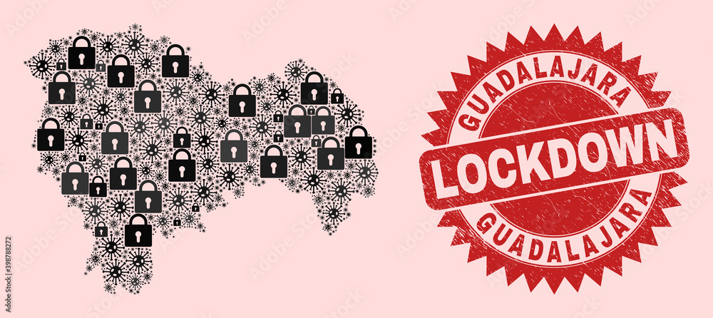 Vector Covid lockdown mosaic Guadalajara Province map and corroded watermark. Lockdown red watermark uses sharp rosette shape. Mosaic Guadalajara Province map is composed of covid- 2019 virus, Vector Covid lockdown mosaic Guadalajara Province map and corroded watermark. Lockdown red watermark uses sharp rosette shape. Mosaic Guadalajara Province map is composed of covid- 2019 virus,