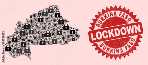 Vector coronavirus lockdown mosaic Burkina Faso map and dirty seal. Lockdown red stamp seal uses sharp rosette form. Collage Burkina Faso map is formed with corona virus, and locked icons.