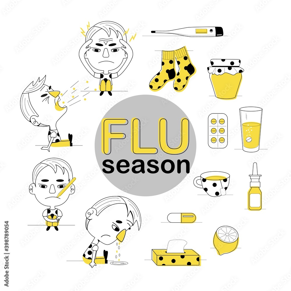 cold and flu season objects in yellow and black colours, line hand drawn socks, tea, thermometer, spray, lemon, honey, pills. cold and flu season objects in yellow and black colours, line hand drawn socks, tea, thermometer, spray, lemon, honey, pills.