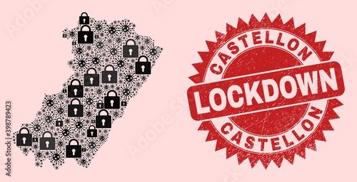 Vector Viral lockdown collage Castellon Province map and corroded stamp print. Lockdown red stamp uses sharp rosette shape. Collage Castellon Province map is composed of covid, and lock icons.