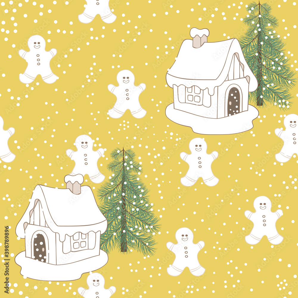 Seamless Snowman and Pine Tree with House Christmas Pattern