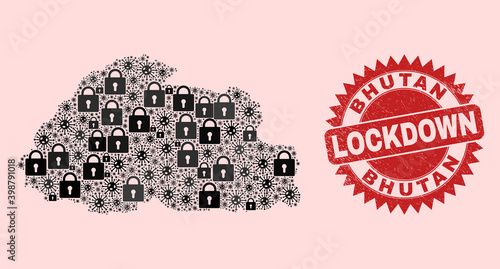 Vector coronavirus lockdown composition Bhutan map and textured stamp seal. Lockdown red stamp seal uses sharp rosette shape. Mosaic Bhutan map is formed with coronavirus, and lock symbols.