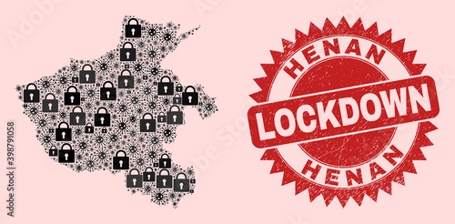 Vector Viral lockdown composition Henan Province map and unclean stamp. Lockdown red stamp uses sharp rosette form. Collage Henan Province map is formed with Covid-2019, and locked icons.