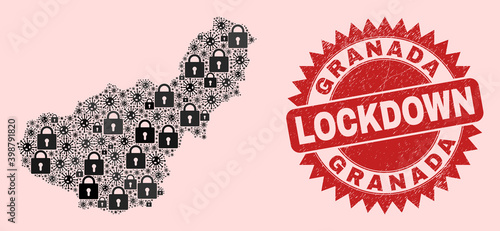 Vector Viral lockdown composition Granada Province map and grunge stamp seal. Lockdown red stamp seal uses sharp rosette shape. Mosaic Granada Province map is composed of infection,