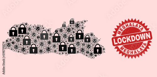 Vector Viral lockdown collage Meghalaya State map and grunge stamp seal. Lockdown red stamp uses sharp rosette shape. Collage Meghalaya State map is done of coronavirus, and lock items.