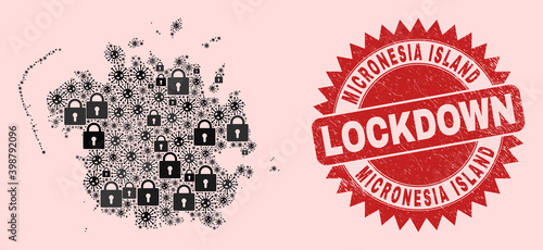 Vector pandemic lockdown mosaic Micronesia island map and textured stamp seal. Lockdown red stamp uses sharp rosette form. Collage Micronesia island map is done of covid, and lock symbols.