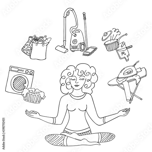 Woman tired of household chores, meditates and keeps calm. Hand drawn sketch, black outline on white background. Vector concept of housekeeping, domestic appliance, emotional burnout, balance.