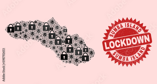 Vector Covid lockdown collage Sumba Island map and textured stamp seal. Lockdown red imprint uses sharp rosette shape. Collage Sumba Island map is created from infection, and locked symbols.