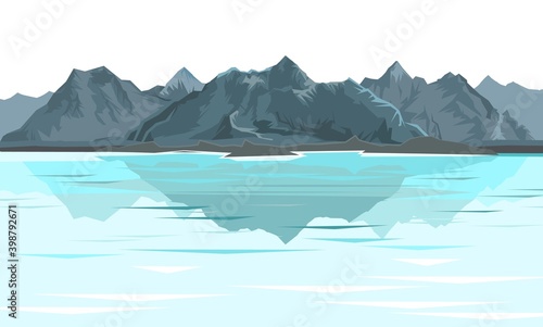The mountains. Mountain range with cliffs, rocks and peaks. Horizon. Landscape isolsted on white background. Reflection in a lake, bay or sea. The isolated object on a white background. vector