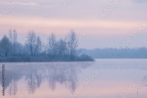 Ukraine, Kyiv - 30 November 2020: Nebrezh Lake at the frozen mist morning weather
