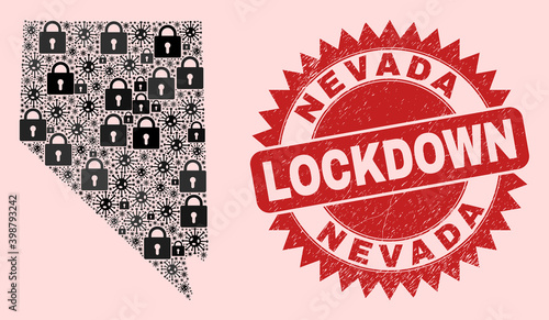 Vector Viral lockdown collage Nevada State map and textured seal. Lockdown red seal uses sharp rosette shape. Collage Nevada State map is composed of Covid-2019, and locked symbols.