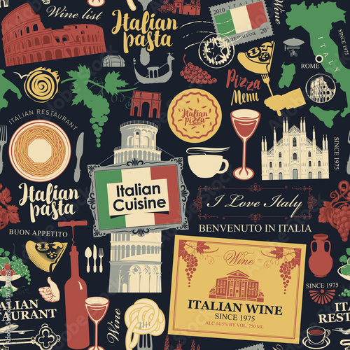 Abstract seamless pattern on the theme of Italy and Italian cuisine in retro style on the black background. Suitable for vector wallpaper, wrapping paper, fabric.