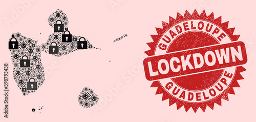 Vector coronavirus lockdown collage Guadeloupe map and textured stamp imitation. Lockdown red stamp seal uses sharp rosette form. Mosaic Guadeloupe map is formed of flu virus, and locked items.