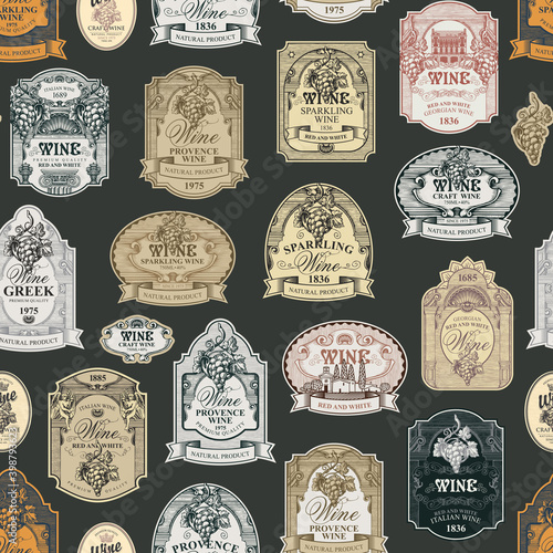Seamless pattern with ornate hand-drawn wine labels on a dark background in vintage style. Repeating vector background on the theme of wine and wineries. Suitable for Wallpaper, wrapping paper, fabric