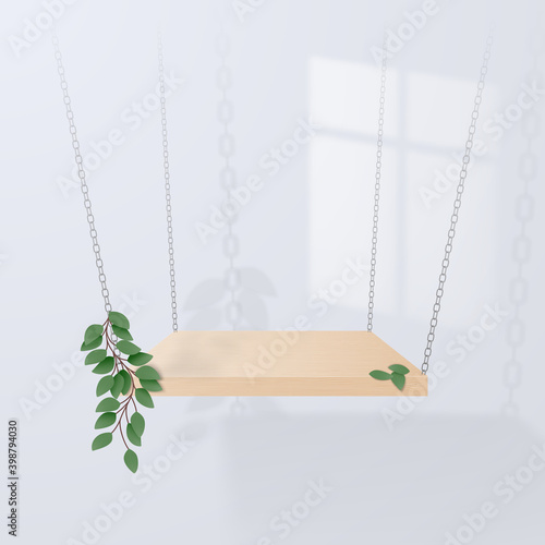 A minimalistic scene with a wooden podium on a white background hanging on chains with leaves. Place for product presentation. Vector illustration.
