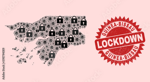 Vector Covid lockdown composition Guinea-Bissau map and textured stamp print. Lockdown red stamp uses sharp rosette shape. Collage Guinea-Bissau map is formed from Covid-2019, and locked icons.