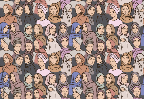 Muslim arabic islam woman in hijab and abaya seamless pattern