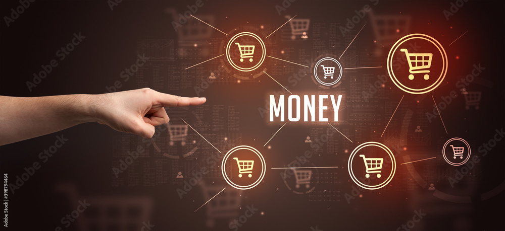 Close-Up of cropped hand pointing at MONEY inscription, online shopping concept Close-Up of cropped hand pointing at MONEY inscription, online shopping concept